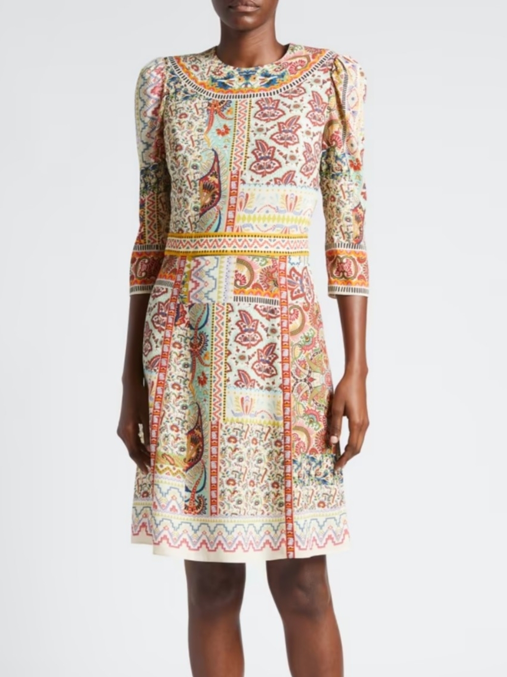 Etro Womens Italian Heartache Patchwork Print Puff Sleeve Midi Dress NWT Size 46